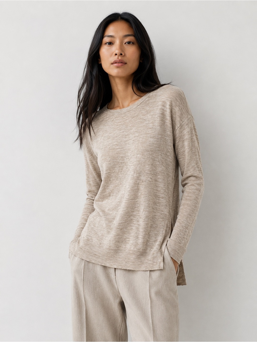 Eileen Fisher Soft Taupe Crewneck Long-Sleeve Top
